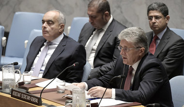 Miroslav Jenca (right), Assistant Secretary-General for Political Affairs, addresses the Security Council on the situation in the Middle East
