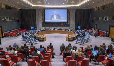 Nickolay Mladenov (on screen), UN Special Coordinator for the Middle East Peace Process and Personal Representative of the Secretary-General to the Palestine Liberation Organization and the Palestinian Authority, briefs the Security Council on the situation in the Middle East, including the Palestinian question.