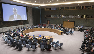 A wide view of the Security Council meeting as Nickolay Mladenov (on screen), UN Special Coordinator for the Middle East Peace Process, briefs the Council on the situation in the Middle East, including the Palestinian question. (18 October 2018 - UN Photo/Rick Bajornas)