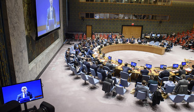 A wide view of the Security Council Chamber as Nickolay Mladenov (on screens), UN Special Coordinator for the Middle East Peace Process, briefs the Council on the situation in the Middle East, including the Palestinian question