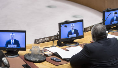 Nickolay Mladenov (on screens), UN Special Coordinator for the Middle East Peace Process, briefs the Security Council on the situation in the Middle East, including the Palestinian question. UN Photo/Rick Bajornas - 19 November 2018