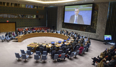 Nickolay Mladenov (on screen), UN Special Coordinator for the Middle East Peace Process, briefs the Security Council on the situation in the Middle East, including the Palestinian question. UN Photo/Loey Felipe - 22 January 2019