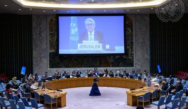 A view of the Security Council meeting on the situation in the Middle East, including the Palestinian question. On the screen is Tor Wennesland, Special Coordinator for the Middle East Peace Process. (27 June 2022 - UN Photo/Loey Felipe)