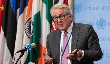 Tor Wennesland, Special Coordinator for the Middle East Peace Process, briefs reporters after the Security Council meeting on the situation in the Middle East, including the Palestinian question. (UN Photo/Eskinder Debebe - 30 November 2021)