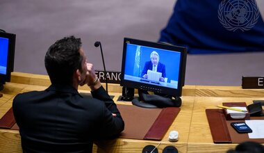 On screen, UN Special Coordinator for the Middle East Peace Process, Tor Wennesland, briefs the Security Council from Jerusalem on the Situation in the Middle East, including the Palestinian Question [UN Photo/Loey Felipe - 18 January 2023]