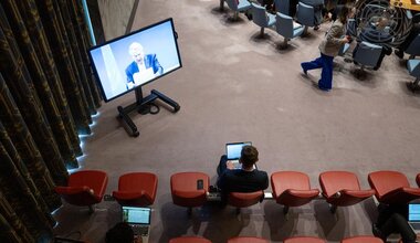 Tor Wennesland (on screen), Special Coordinator for the Middle East Peace Process, briefs the Security Council meeting on the situation in the Middle East, including the Palestinian question. (UN Photo/Manuel Elías - 27 June 2023)