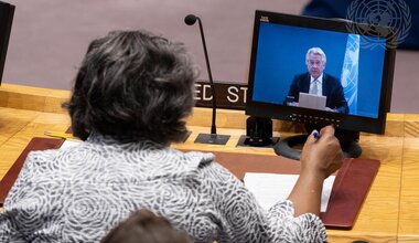 Tor Wennesland (on screen), Special Coordinator for the Middle East Peace Process, briefs the Security Council meeting on the situation in the Middle East, including the Palestinian question. Seated at the table is Linda Thomas-Greenfield, Permanent Representative of the United States to the United Nations. (UN Photo/Eskinder Debebe - 29 November 20230