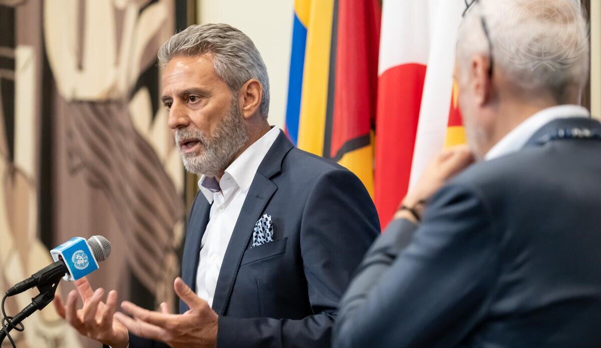 Muhannad Hadi, Deputy Special Coordinator, Resident and Humanitarian Coordinator for the Occupied Palestinian Territory of the Office of the United Nations Special Coordinator for the Middle East Peace Process, briefs reporters at UN Headquarters. (UN Photo/Mark Garten - 17 July 2024)