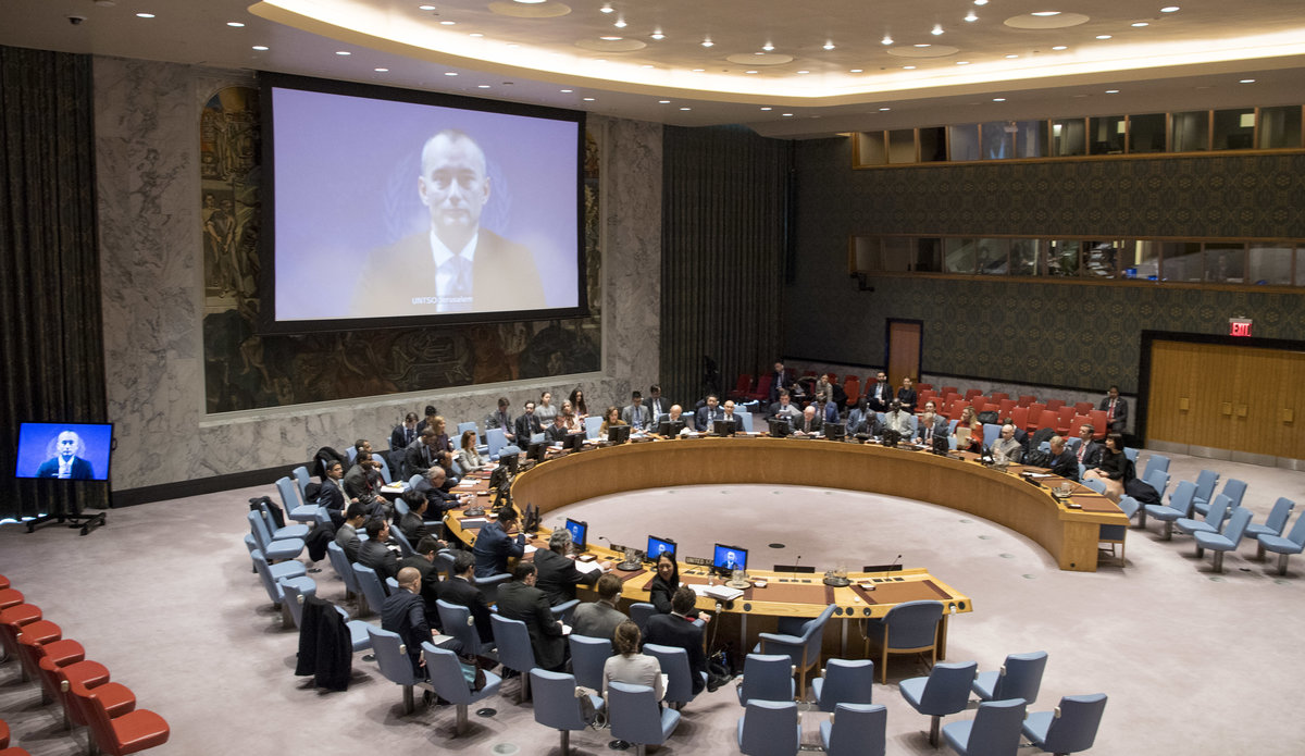 Nickolay Mladenov (on screen), UN Special Coordinator for the Middle East Peace Process and Personal Representative of the Secretary-General to the Palestine Liberation Organization (PLO) and the Palestinian Authority, briefs the Security Council on the situation in the Middle East. (20 November 2017 - UN Photo/Eskinder Debebe)