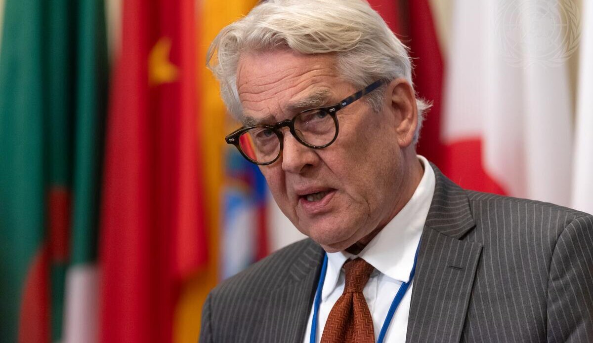 Tor Wennesland, UN Special Coordinator for the Middle East Peace Process and Personal Representative of the Secretary-General, briefs reporters after the Security Council meeting on the situation in the Middle East, including the Palestinian question. (UN Photo/Rick Bajornas - 29 May 2024)
