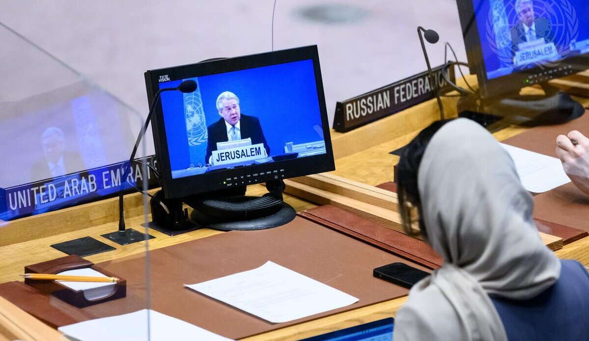 On screen, UN Special Coordinator for the Middle East Peace Process, Tor Wennesland briefs the Security Council on the Situation in the Middle East, including the Palestinian Question [UN Photo/Loey Felipe - 19 January 2022]