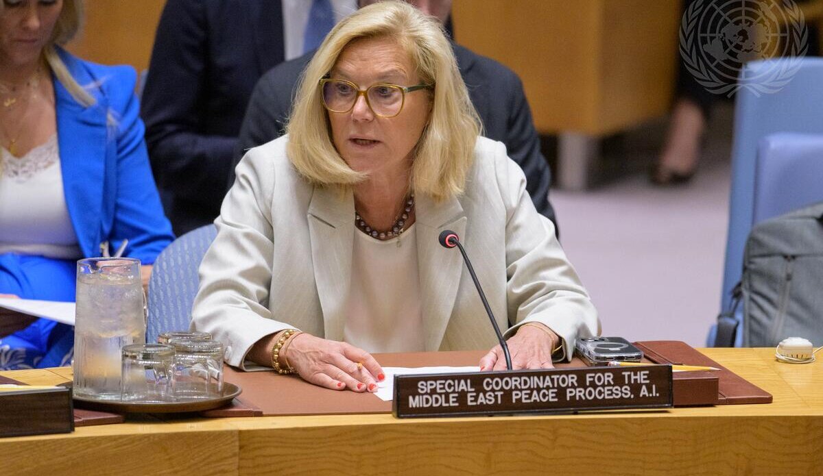 Sigrid Kaag, United Nations Special Coordinator for the Middle East Peace Process Ad Interim, briefs the Security Council meeting on the situation in the Middle East, including the Palestinian question. [UN Photo/Manuel Elías - 28 May 2025]