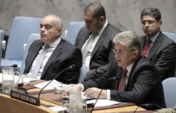 Miroslav Jenca (right), Assistant Secretary-General for Political Affairs, addresses the Security Council on the situation in the Middle East