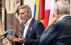 Muhannad Hadi, Deputy Special Coordinator, Resident and Humanitarian Coordinator for the Occupied Palestinian Territory of the Office of the United Nations Special Coordinator for the Middle East Peace Process, briefs reporters at UN Headquarters. (UN Photo/Mark Garten - 17 July 2024)