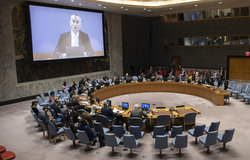 A wide view of the Security Council as Nickolay Mladenov (on screens), Special Coordinator for the Middle East Peace Process, briefs the Council on the situation in the Middle East, including the Palestinian question. (27 August 2019 - UN Photo/Eskinder Debebe)