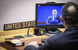 Nickolay Mladenov (on screen), UN Special Coordinator for the Middle East Peace Process, briefs the Security Council on the situation in the Middle East, including the Palestinian question. UN Photo/Loey Felipe - 20 February 2019