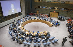 A wide view of the Security Council meeting on the situation in the Middle East, including the Palestinian question. Nickolay Mladenov (shown on screen), UN Special Coordinator for the Middle East Peace Process and Personal Representative of the Secretary-General to the Palestine Liberation Organization and the Palestinian Authority, briefed the Council via video conference.