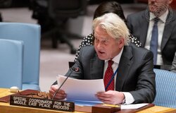 Tor Wennesland, UN Special Coordinator for the Middle East Peace Process, briefs the Security Council meeting on the situation in the Middle East, including the Palestinian question. (UN Photo/Eskinder Debebe - 28 November 2022)