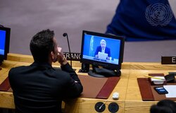 Tor Wennesland, Special Coordinator for the Middle East Peace Process (on screen), addresses the Security Council meeting on the situation in the Middle East, including the Palestinian question. (UN Photo/Loey Felipe - New York, 18 January 2023)