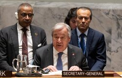 Secretary-General António Guterres addresses the Security Council meeting on the situation in the Middle East, including the Palestinian question. Behind him are at left are Courtenay Rattray, Chef de Cabinet of the Secretary-General, and at right are Khaled Khiari, Assistant Secretary-General for the Middle East, Asia and the Pacific, Departments of Political and Peacebuilding Affairs and Peace Operations. (UNPhoto/Eskinder Debebe - 29 April 2025)