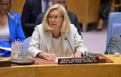 Sigrid Kaag, United Nations Special Coordinator for the Middle East Peace Process Ad Interim, briefs the Security Council meeting on the situation in the Middle East, including the Palestinian question. [UN Photo/Manuel Elías - 28 May 2025]