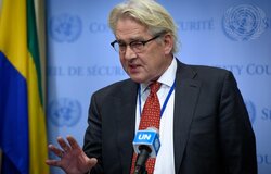 UN Special Coordinator for the Middle East Peace Process, Tor Wennesland, media stakeout (UN Photo/Loey Felipe - 28 November 2022 - New York)