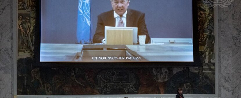 Tor Wennesland (on screen), Special Coordinator for the Middle East Peace Process, briefs the Security Council meeting on the situation in the Middle East, including the Palestinian question. (UN Photo/Eskinder Debebe - 20 February 2023)