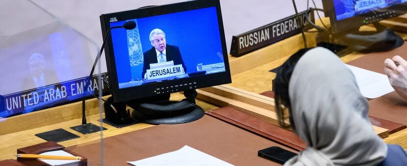 Tor Wennesland (on screen), Special Coordinator for the Middle East Peace Process, briefs the Security Council meeting on the situation in the Middle East, including the Palestinian question.(UN Photo/Loey Felipe - 19/01/2022)