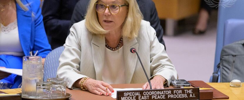 Sigrid Kaag, United Nations Special Coordinator for the Middle East Peace Process Ad Interim, briefs the Security Council meeting on the situation in the Middle East, including the Palestinian question. [UN Photo/Manuel Elías - 28 May 2025]